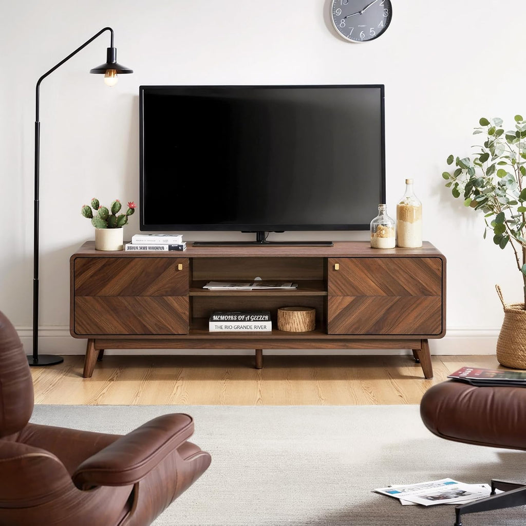 LuxenHome 63" Mid Century Modern TV Stand for Living Room for TVs up to 65" | Entertainment Center with Storage, Wood TV Console with Tapered Legs, Television Stands