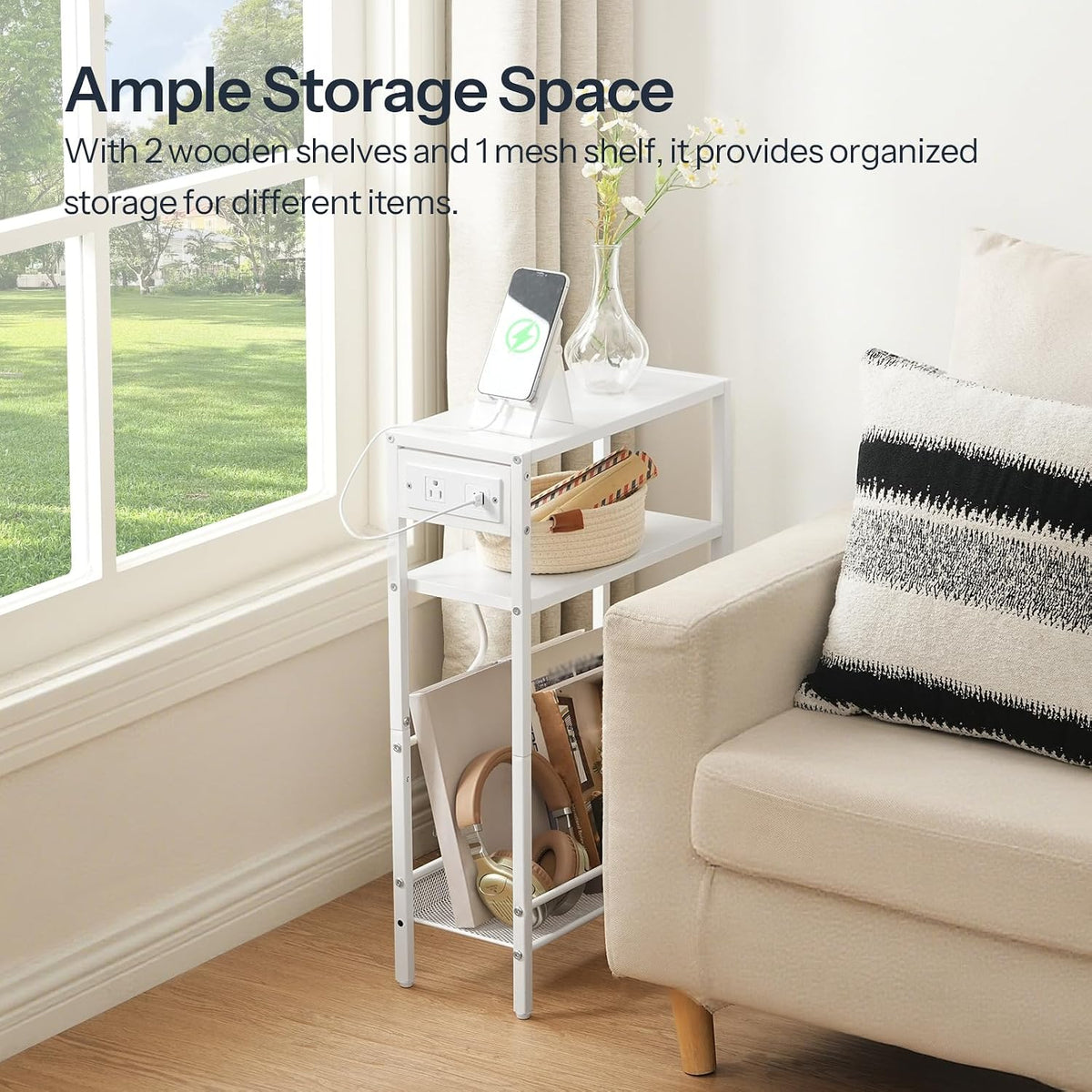 HOOBRO Small Narrow Side Table with Charging Station, Skinny End Table for Small Spaces, Slim Nightstand with USB Ports Outlet, Sofa Beside Table with Storage Shelf, White WT102UBZ01