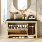 UNIQUITE Shoe Storage Bench with Flip Drawers, Padded Seat Cushion, 39.4" W x 12.6" D x 21.85" H, Entryway Cabinet with Slatted Doors for Hallway Living Room, Natural