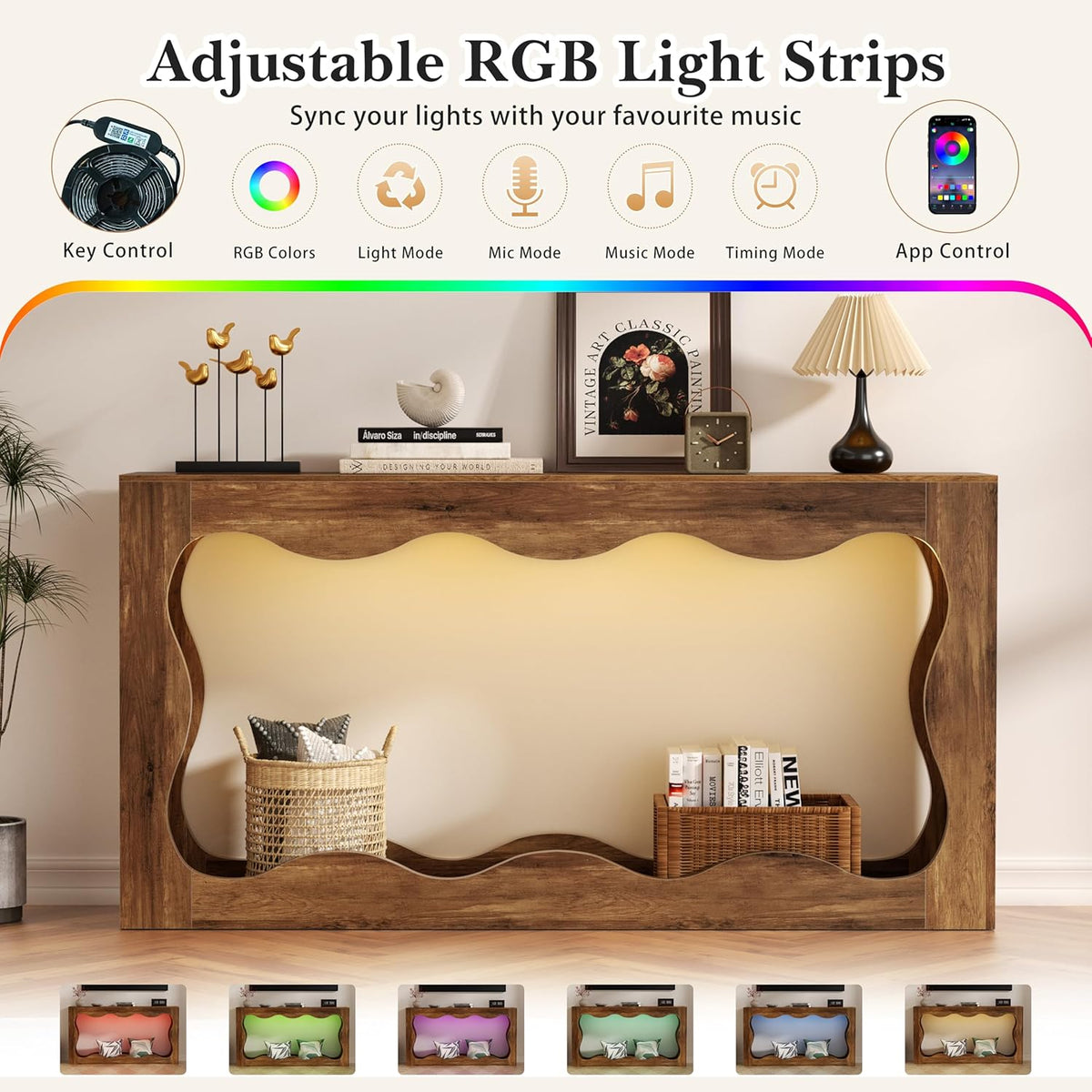 Vongrasig 63-Inch Farmhouse Entryway Table with Light Strips, Scalloped Console Table with Built-in Storage, Narrow Long Behind Couch, Wooden Curvilinear Sofa Table for Entrance, Hallway, Brown
