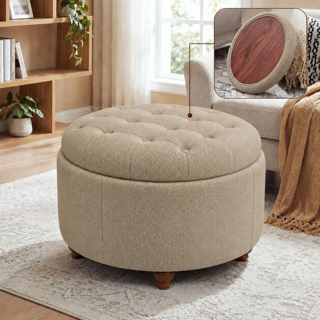 25" Round Ottoman with Storage, Small Coffee Table with Reversible Tray Lid | Tufted Fabric Round Storage Ottoman with Solid Wood Legs, 3-in-1 Footrest for Living Room, Bedroom, Entryway, Coffee