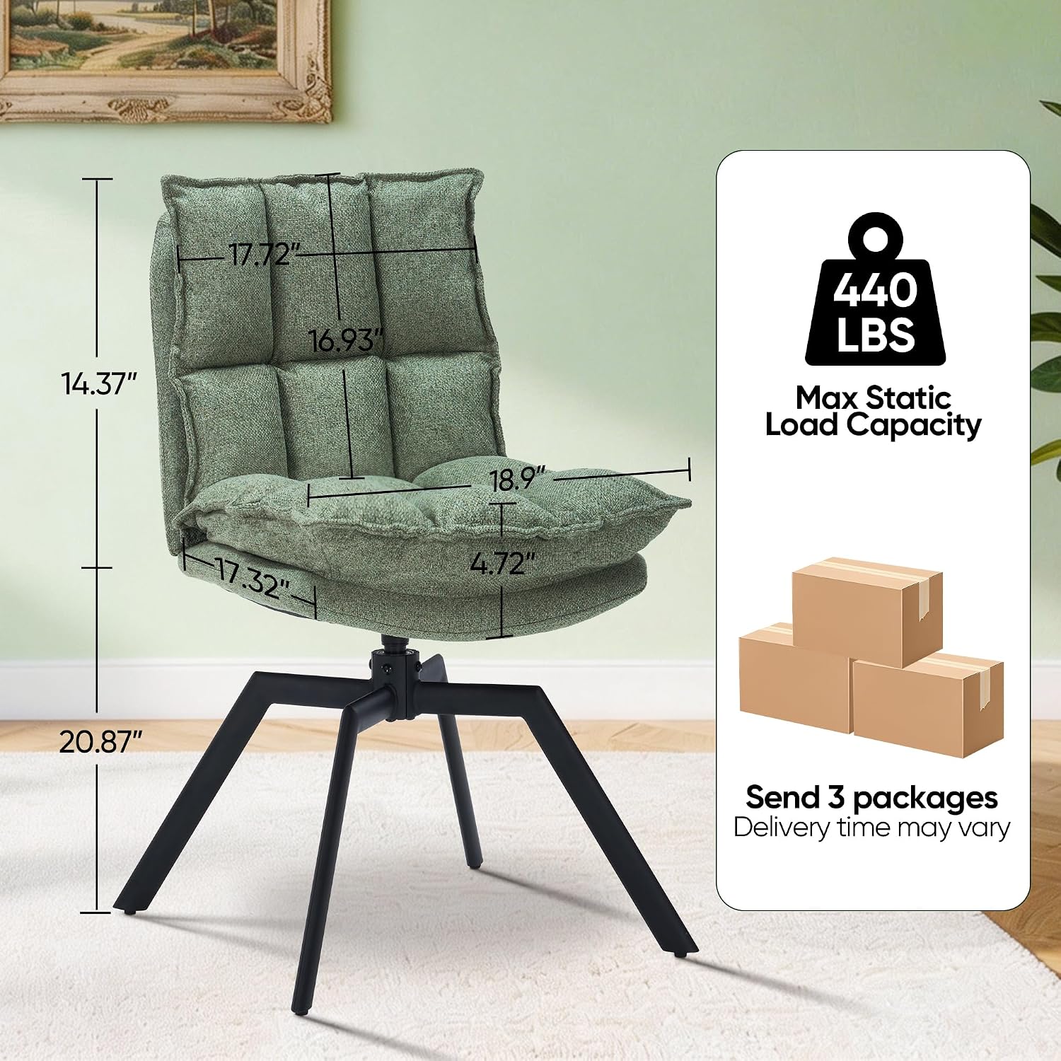 Swivel Dining Chairs Set of 6, Mid-Century Modern Chairs with Linen Fabric, High Back with High-Density Stuffed PP Cotton & Automatic Swivel Metal Legs, Suitable for Kitchen & Living Room(Green)