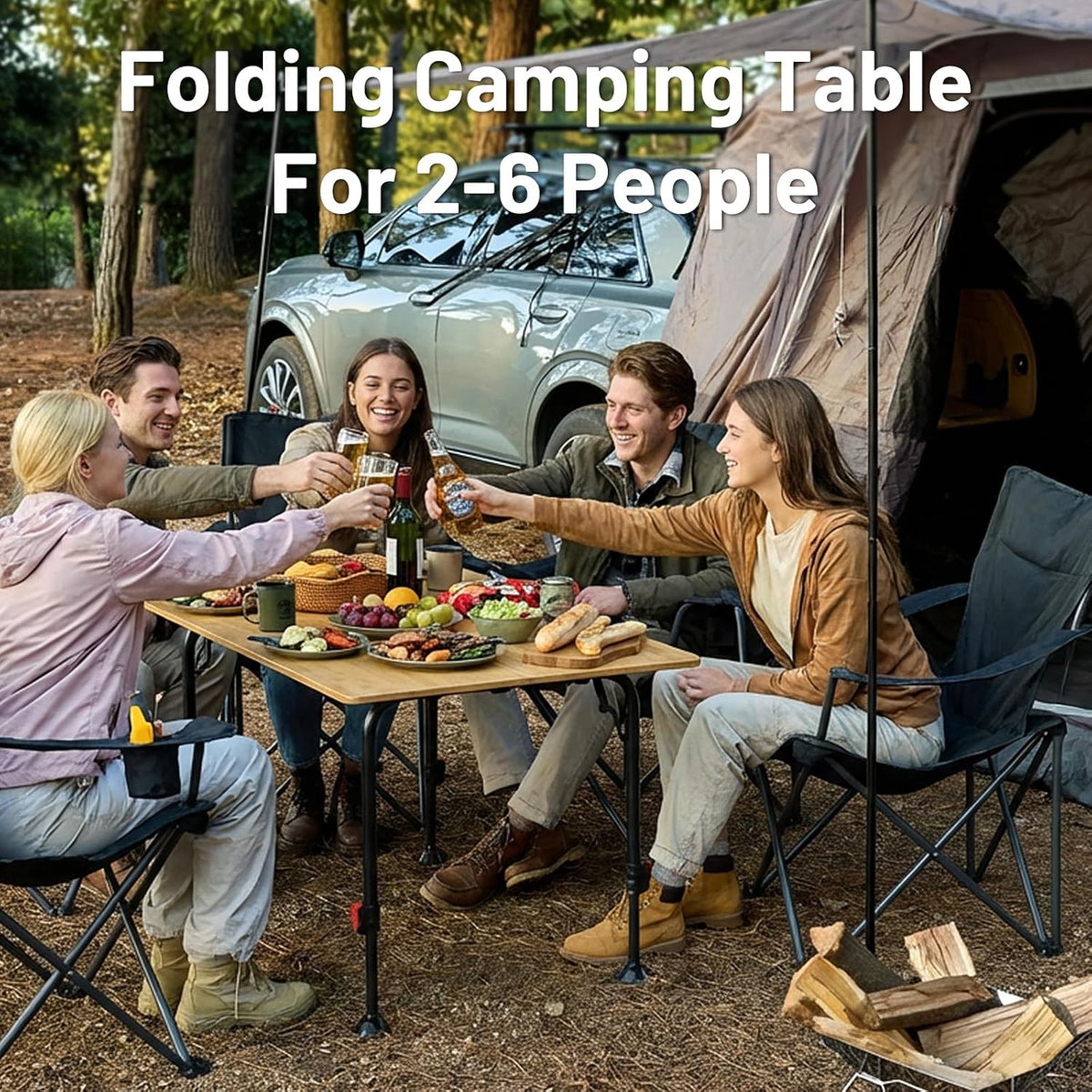 TIMBER RIDGE Bamboo Folding Camping Table, Portable RV Picnic Table | Adjustable Height (18.5"-26.5") & Aluminum Frame, Heavy Duty 220LBS Outdoor Dining for Tailgate Patio, Carry Bag Included