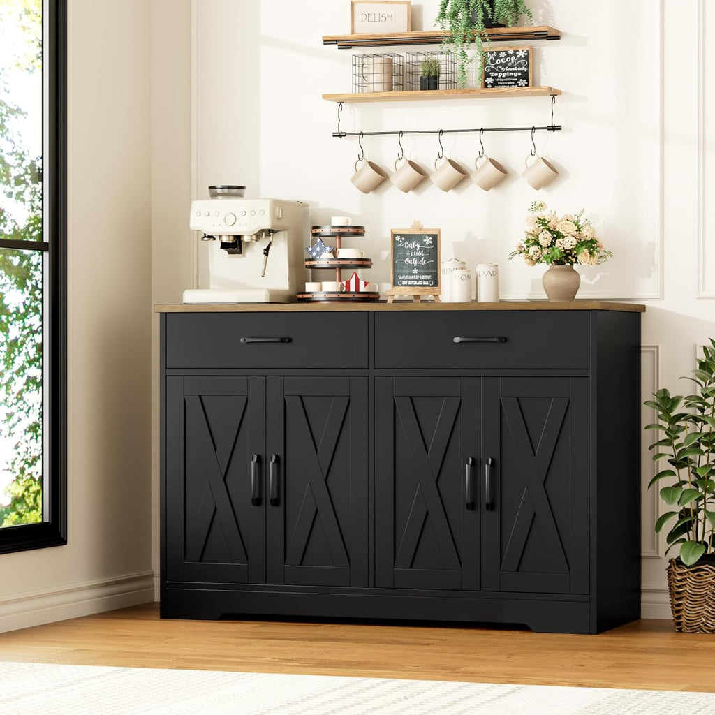 HOSTACK Buffet Cabinet with Storage, 47.2" Kitchen Sideboard Buffet with Drawers, Modern Farmhouse Coffee Bar Station with Shelves, Barn Doors Storage Cabinet for Living Room, Black/Rustic Brown