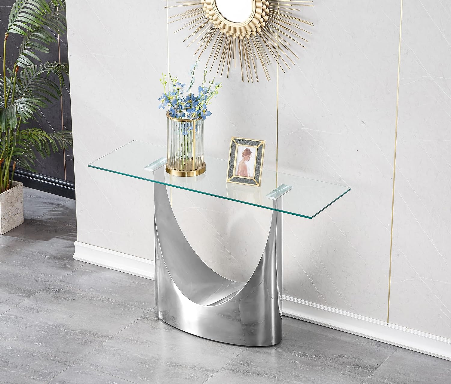 Luxury Silver Glass Console Table, Modern 47" Rectangle Entryway Table with Mirrored U-Shape Stainless Steel Base, Clear Glass Sofa Tables Behind The Couch Hallway Tables for Living Room