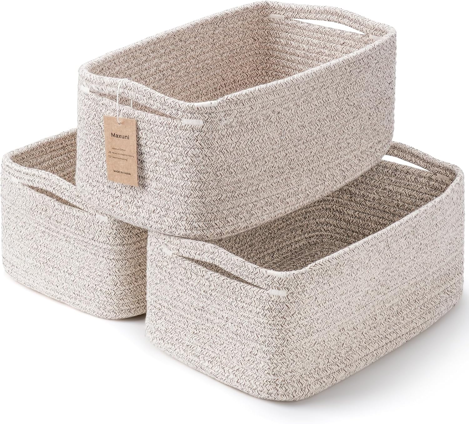 3 Pack Small Storage Baskets for Organizing, 11.8×7.8×5.1", Mixed Brown | Woven Baskets for shelves, Cotton Rope Basket for Gifts Empty, Closet Organizer Bins with Handles, Cube Decorative Box