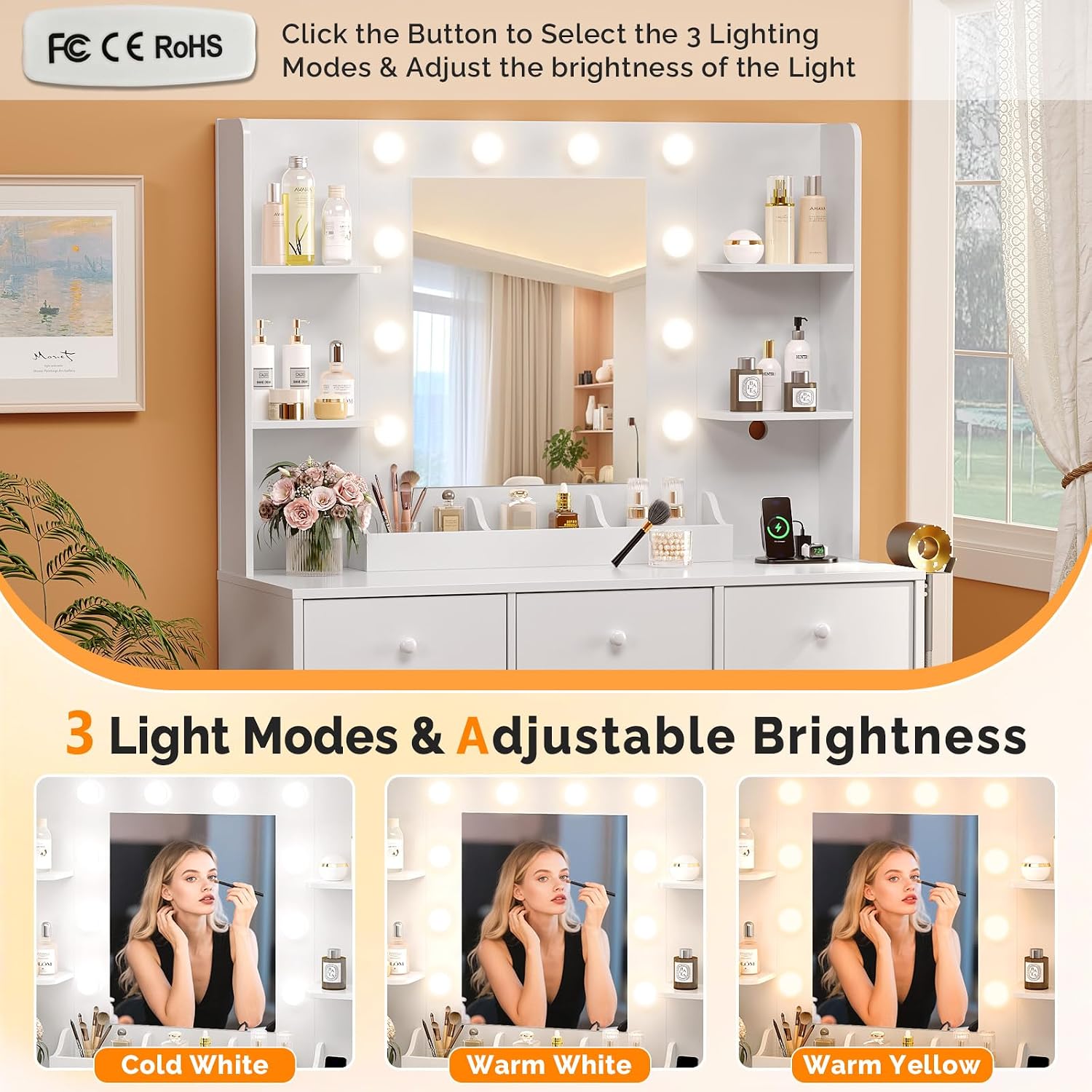 VINGLI Vanity Desk with Mirror and Lights, Makeup Vanity Table w/ 6 Storage Drawers & Shelevs, 58in White Dressing Table Built in Hollywood Bulbs & Charging Station & Hairdryer Holder, Gifts for Girls