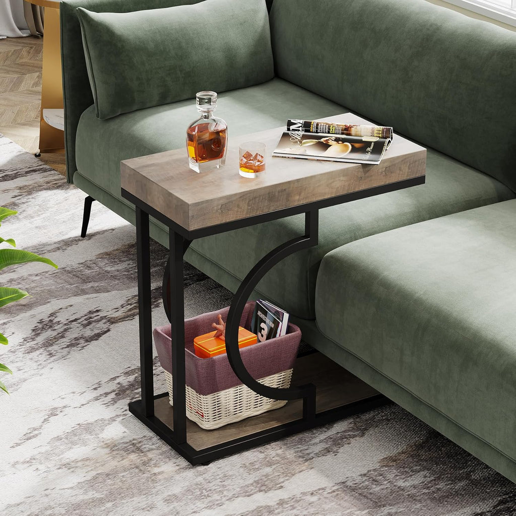 Tribesigns Narrow Side Table for Couch, C Shaped End Table with Metal Frame, Farmhouse Bedside Tables, Small Sofa Tables for Small Spaces, Living Room (1, Gray+Black)