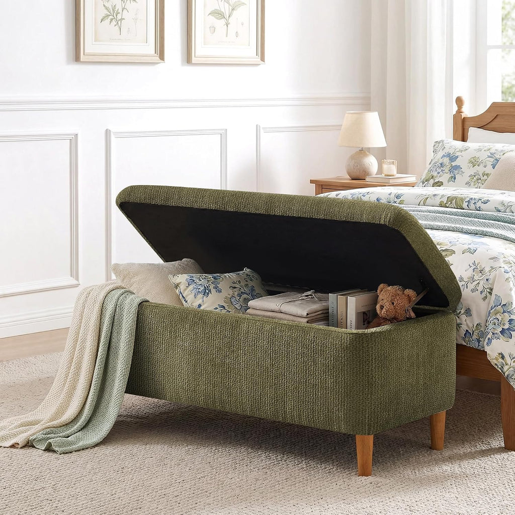 39.4”Ottoman with Storage,Upholstered Comfy Storage Bench Ottoman with Wooden Legs,End of Bed Bench Footstool for Hallway Entryway Bedroom Living Room Green