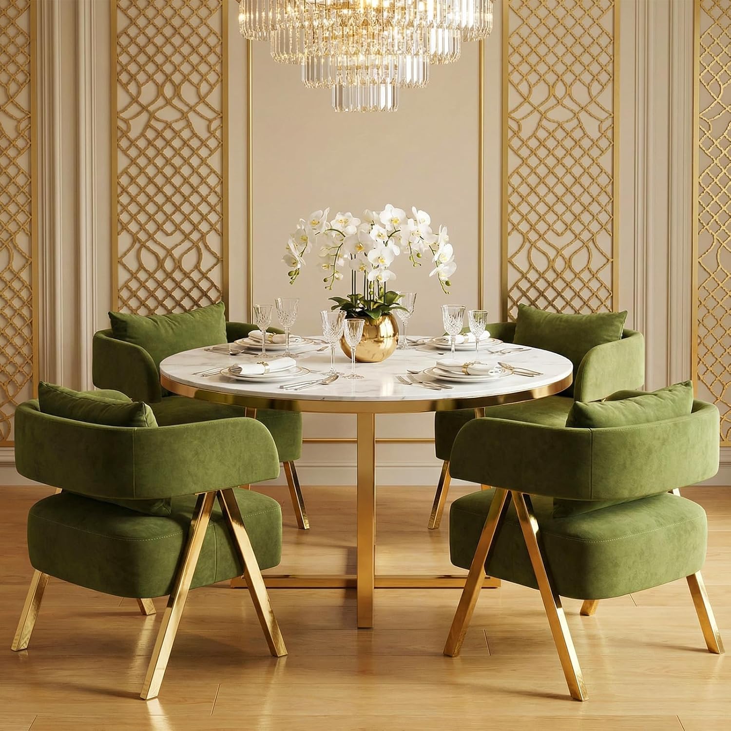 STHOUYN Modern Dining Chairs Set of 4, Upholstered Velvet Dining Room Chairs, Barrel Chairs for Kitchen with Golden Metal Legs, Curved Backrest (Green, 4 PCS)