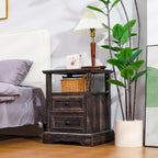 ALBAD Farmhouse Nightstand with Charging Station Rustic Bedside Table with 2 Drawers and Open Shelf Side Table with Metal Handle for Bedroom Office, Walnut Brown