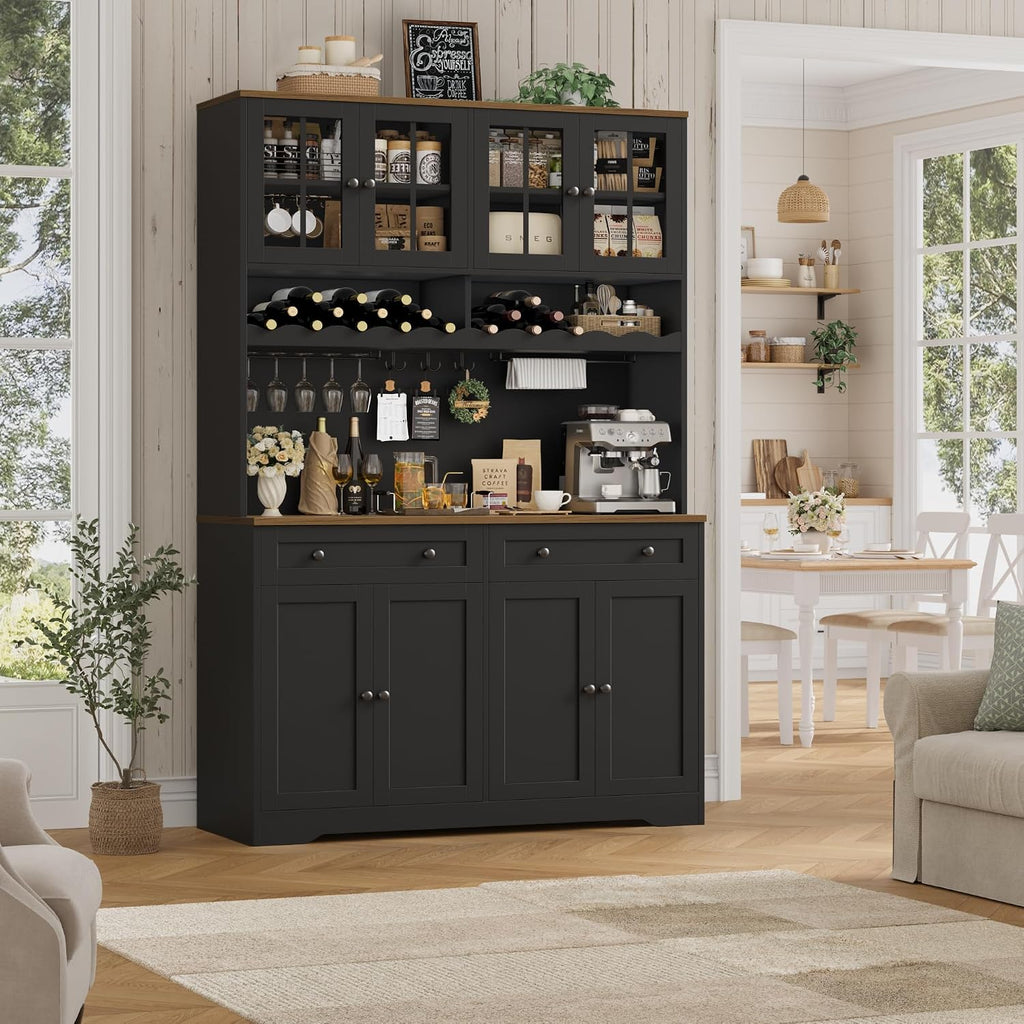HOSTACK 75" Kitchen Pantry Storage Cabinet, Coffee Bar Hutch Cabinet, Black | Tall Pantry Cabinet with Charging Station / Wide Countertop / Glass Doors / Wine Rack / Cup Holder / Drawers, Dining Room