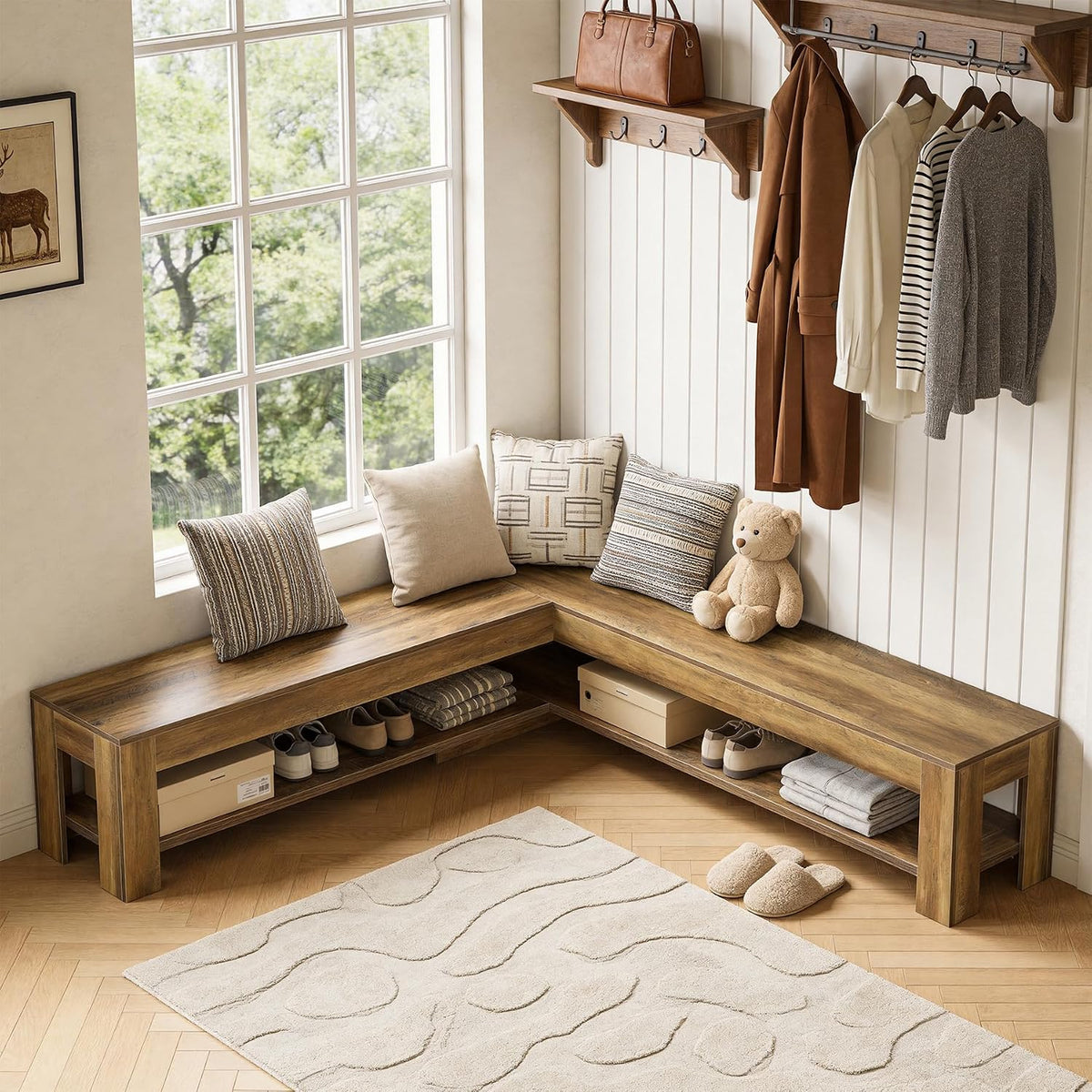 Tribesigns L-Shaped Corner Bench with Storage Shelf, 62.99'' Rustic Wooden Breakfast Nook Bench for Kitchen, Foyer, Living Room, Kitchen, Brown