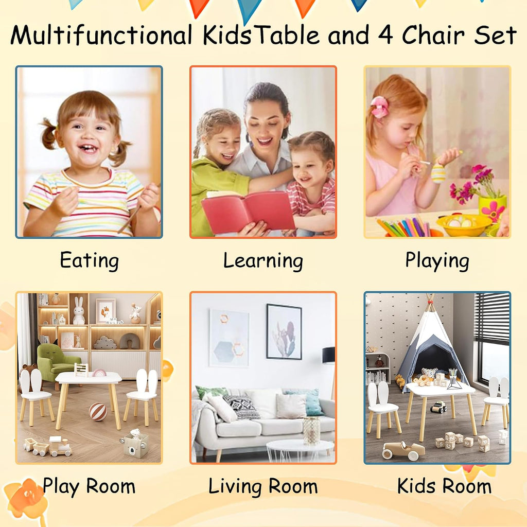 Kids Table and 2 Chairs Set, 3 Piece Wooden Toddler Table and Chair Set, White Activity Play Table and Chairs for Kids, Children's Art Desk Set (Rabbit Theme)