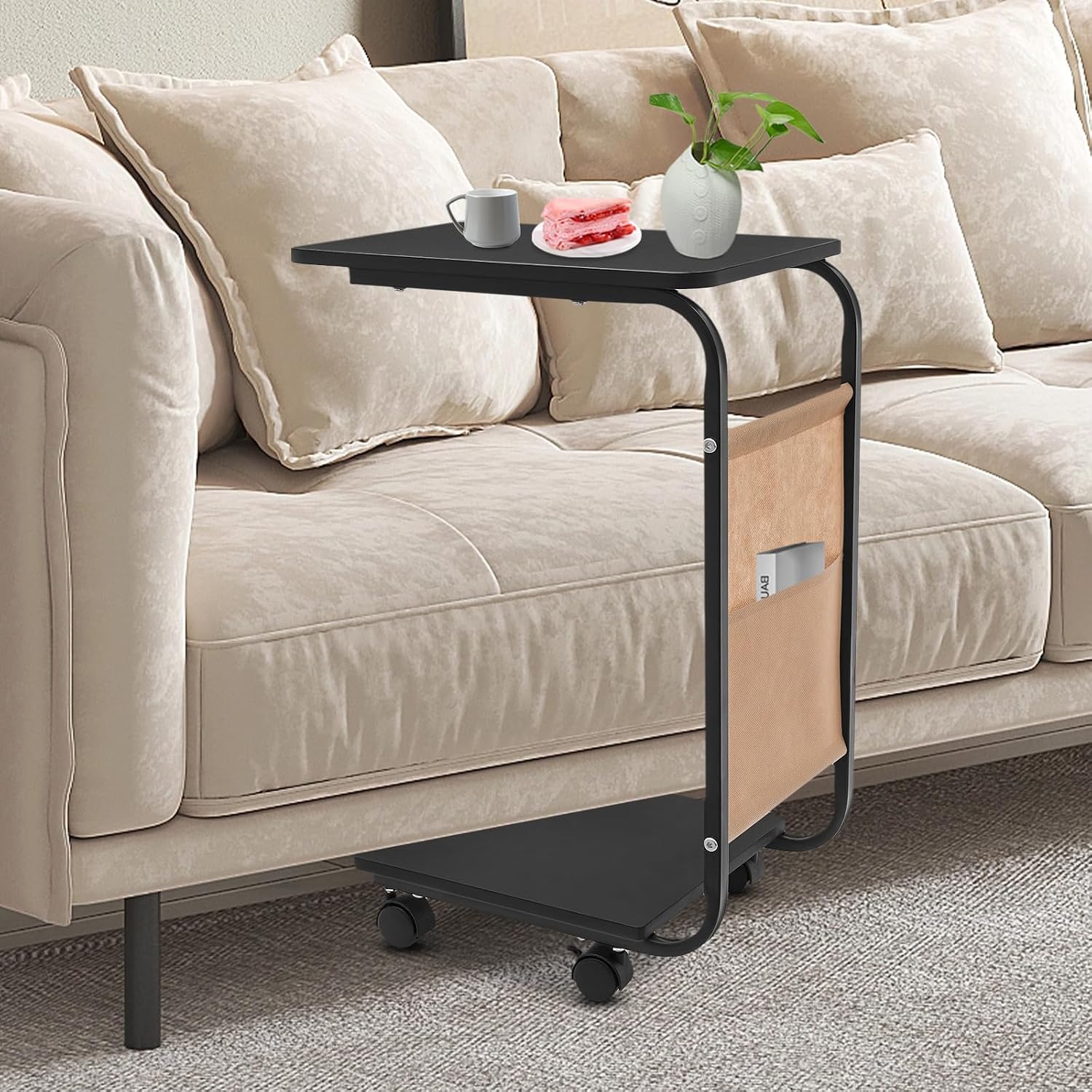C Shaped Side Table, Small Side Table for Sofa and Bed, Computer Desk with Rolling Wheels and Storage Bag Side Table Slide Under Sofa Tray Table for Living Room Bedroom Office (Black)
