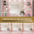 HUANLEGO Large Makeup Vanity Desk with Mirror and Lights, Pink