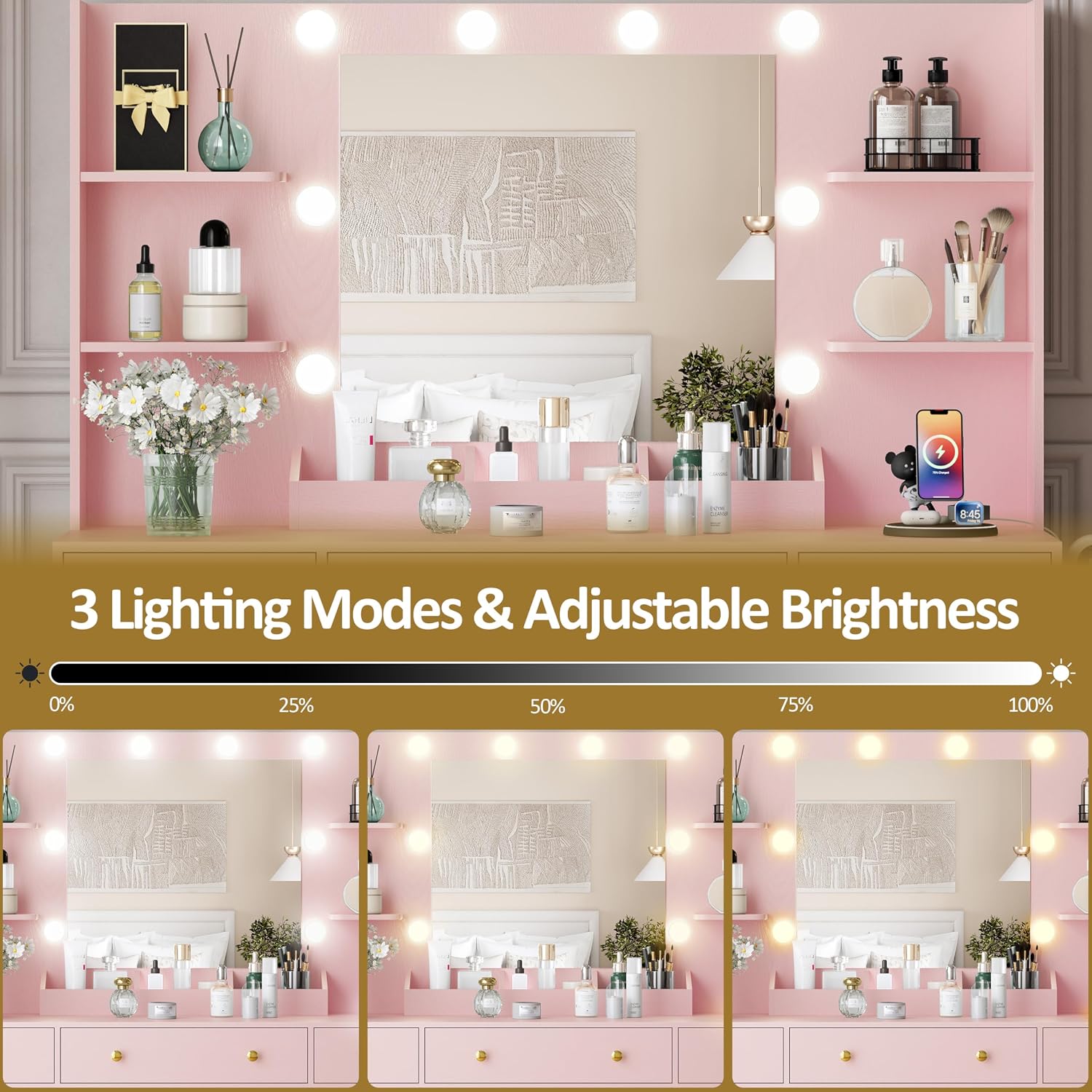 HUANLEGO Large Makeup Vanity Desk with Mirror and Lights, Pink