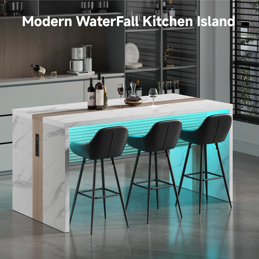 63" Marble Kitchen Table for 4-6, Island Table for Kitchen with RGB Led Lights, Mordern Faux Marble Stripes Kitchen Dining Table with Charging Station for Dinner and Living Room