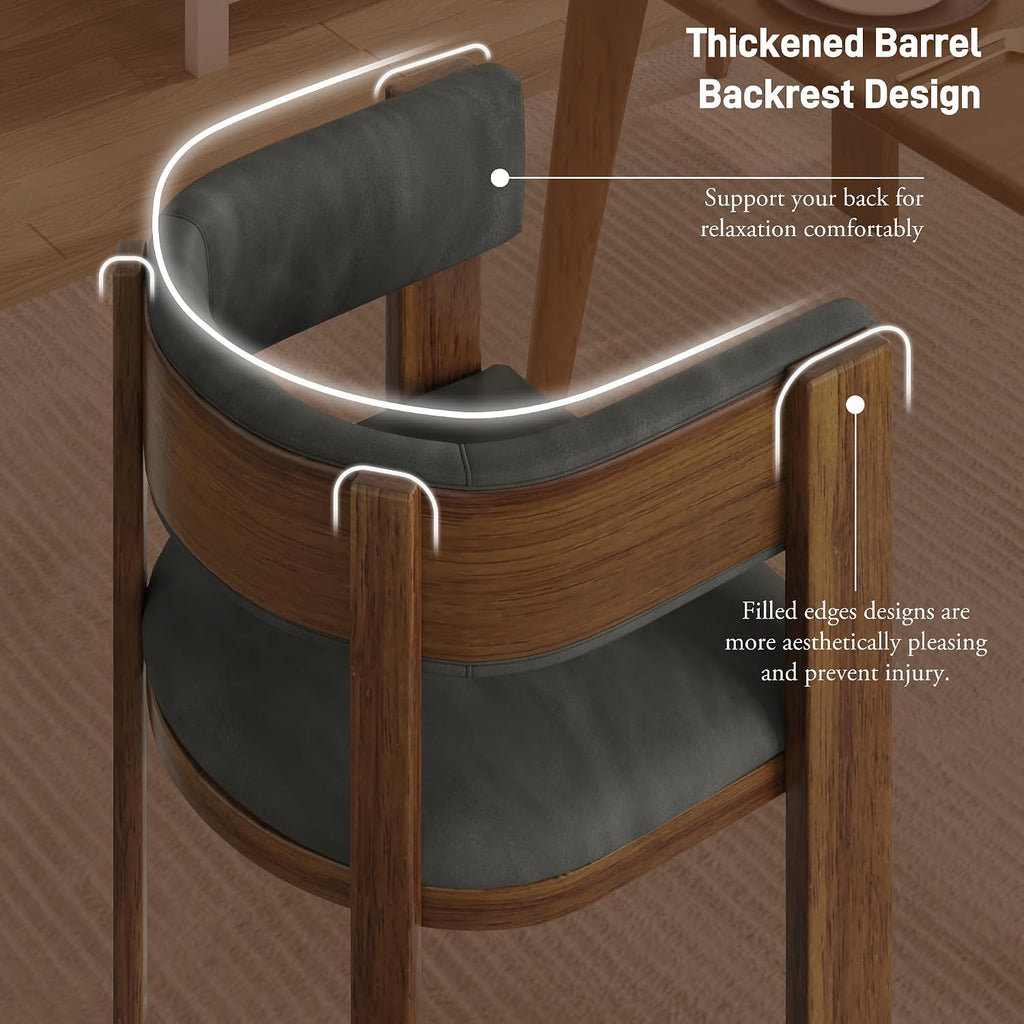 Squireewo Barrel Dining Chairs Set of 2, Modern Dining Room Chairs with Curved Backrest, Kitchen Chairs with Solid Wood Legs, Comfortable PU Leather Upholstered Seat, Adjustable Foot Pad, Dark Grey