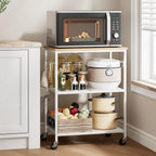 Homleke 3-Tier Rolling Kitchen Microwave Cart, Utility Cart | with Lockable Wheels Coffee Bar Table Station with 6 Hooks, Small Appliance Storage Shelf, White and Natural