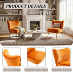Velvet Accent Chairs Set of 2 for Comfy Living Room Armless Slipper Chair Mid Century Side Chair Single Sofa with Golden Legs Wingback for Bedroom Guest Room, Orange