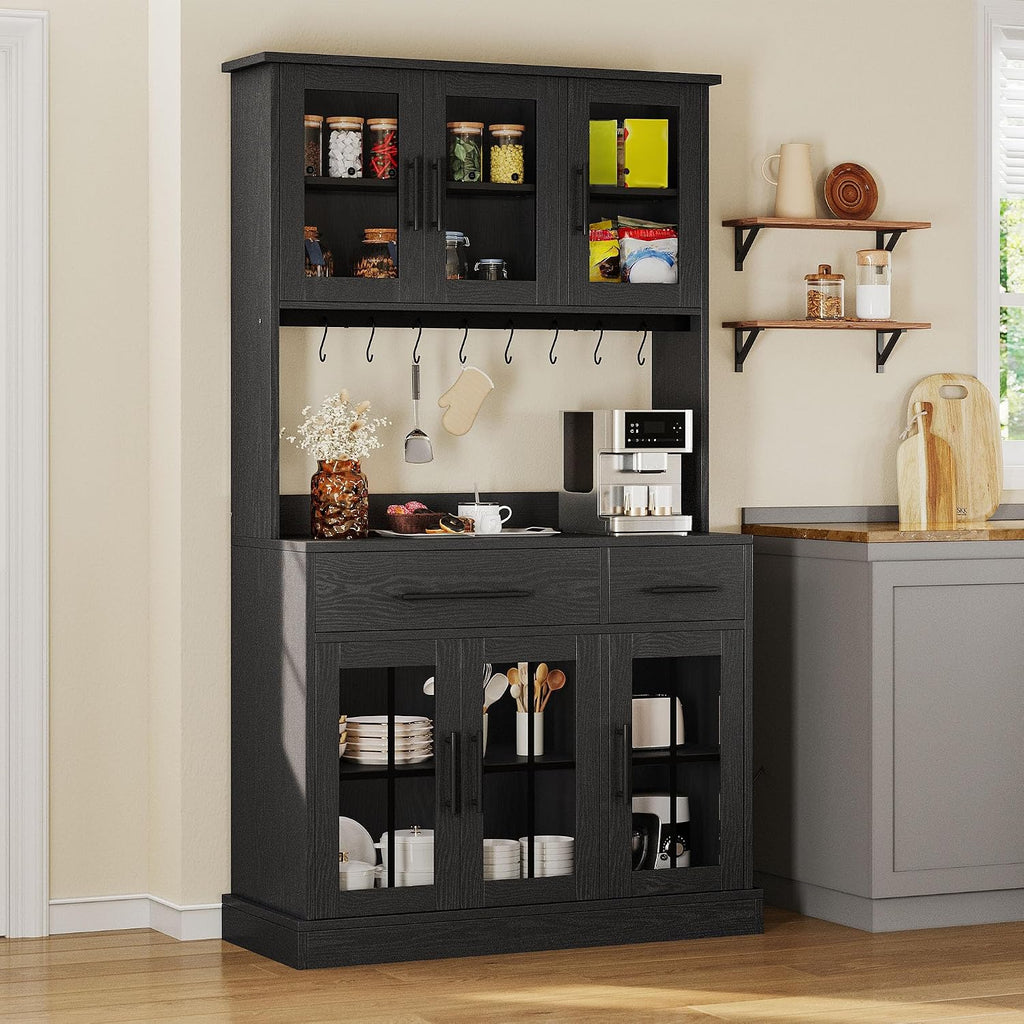 YITAHOME 71'' Kitchen Pantry Storage Cabinet with Microwave Stand, Tall Freestanding Hutch Cabinet with Power Outlet, Pantry Cabinets with Buffet Cupboard, Drawers and Acrylic Doors for Home, Black | Tall Freestanding Hutch Cabinet with Power Outlet