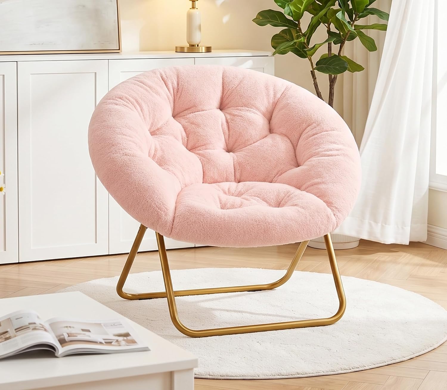 Cozy Saucer Chair, Padded Round Moon Lounge Chair for Bedroom Living Room | Thick Padded Cushion, Curved Relaxing Shape and Easy Folding Frame for Lounging, Reading and Dorm