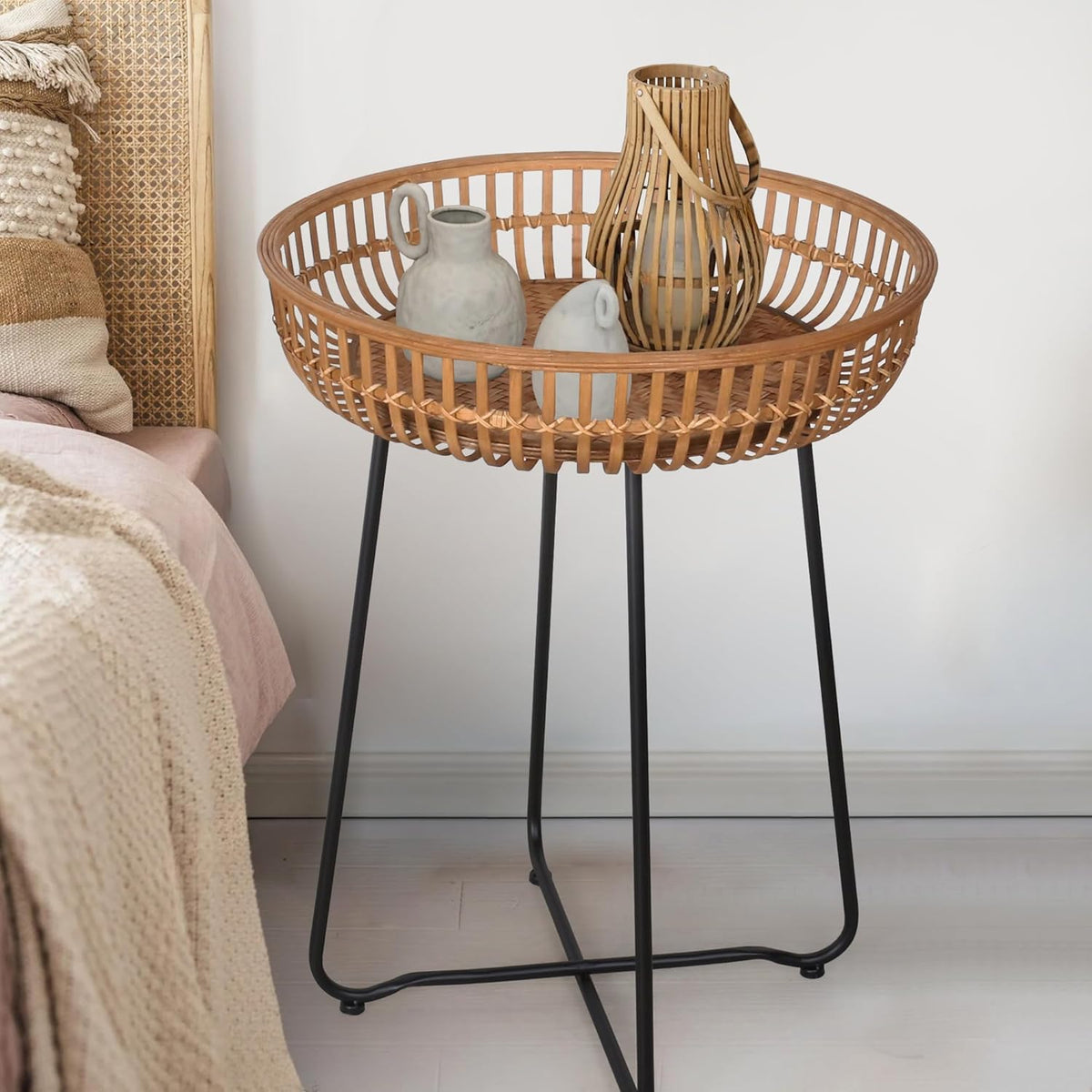 Oakrain Small End Table, Small Round Coffee, Bamboo&Rattan, Accent Table with Boho Style, for Balcony, Livng Room, Bedroom (18.11inch, 1PCS)