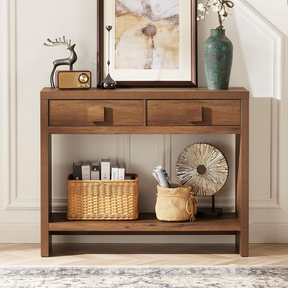 ONBRILL 40 Inch Narrow Console Table with Drawers and Open Shelves