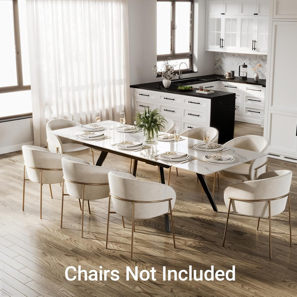 Extendable Dining Table with Leaf, 78"-110" Rectangular Sintered Stone, Marble-Look Top, Seats 6-14, Metal Base, Easy-Clean, Heat & Scratch Resistant, Dining Room/Kitchen Table for Family Gatherings