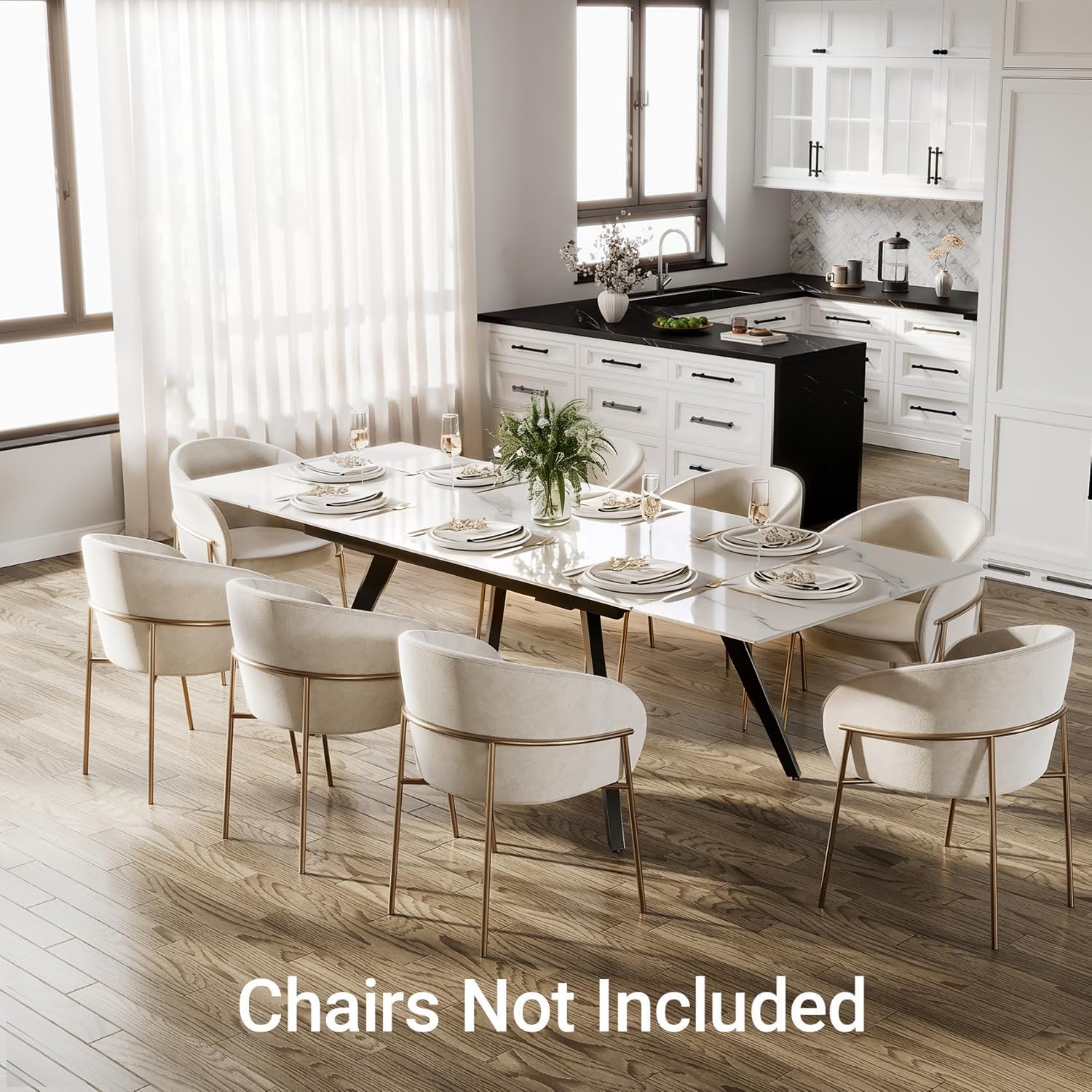 Extendable Dining Table with Leaf, 78"-110" Rectangular Sintered Stone, Marble-Look Top, Seats 6-14, Metal Base, Easy-Clean, Heat & Scratch Resistant, Dining Room/Kitchen Table for Family Gatherings
