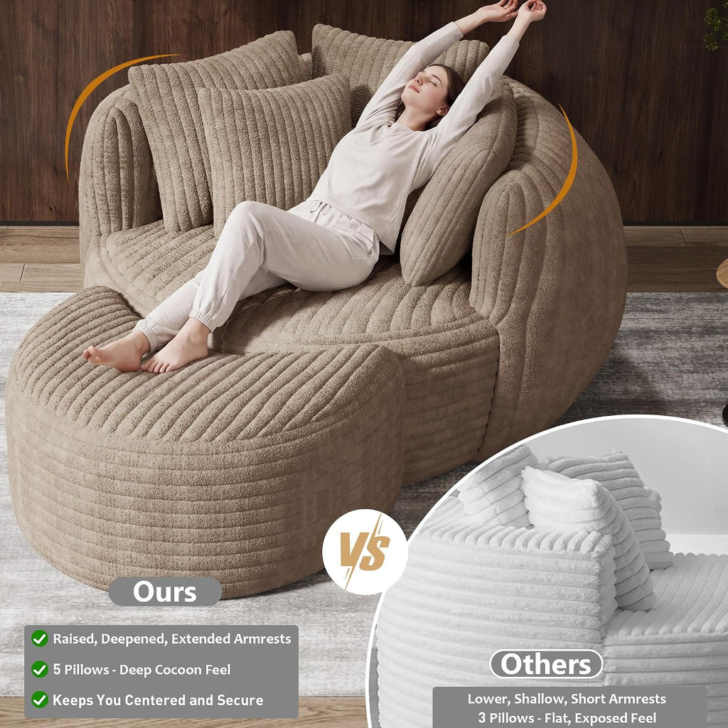 50.5" W x 67" D Oversized Chaise Lounge Chair with Ottoman,Light Camel | 38D Sponge,Round Reading Chair Luxury Plush Cloud Circle Sleeper for Living Room Bedroom, 5 Pillows,Corduroy