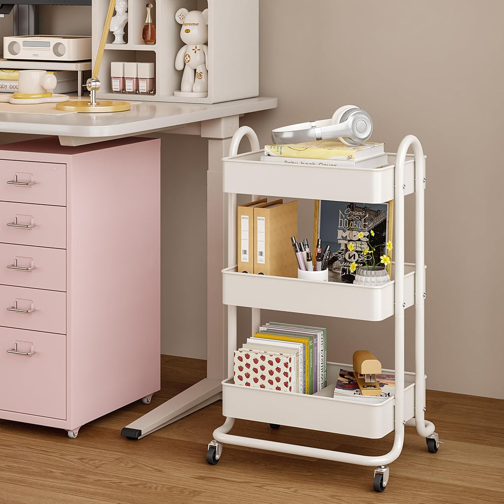 MIOCASA 3-Tier Metal Utility Rolling Cart, Heavy Duty Multifunction Cart with Lockable Casters, Easy to Assemble, Suitable for Office, Bathroom, Kitchen, Garden