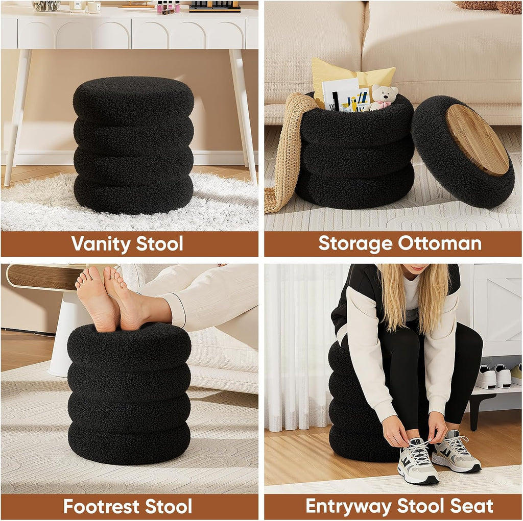 Soft Teddy Round Ottoman with Tray, 17.5 Inches Ottoman Coffee Table with Storage for Living Room, Vanity Stool with Storage Bedroom, Load up to 300 lb, No Assembly Required (Black)