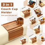 GHKINMAL Couch Cup Holder Tray, Acacia Wood Couch Armrest Table with 360° Ratated Phone Holder, 18.99" Flodable Anti-Slip Sofa Armrest Tray Tables for Snacks Remote Storage