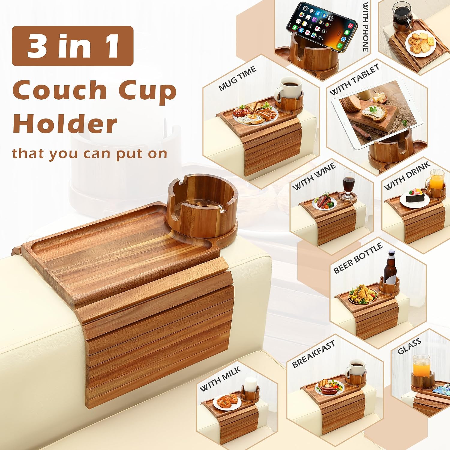 GHKINMAL Couch Cup Holder Tray, Acacia Wood Couch Armrest Table with 360° Ratated Phone Holder, 18.99" Flodable Anti-Slip Sofa Armrest Tray Tables for Snacks Remote Storage