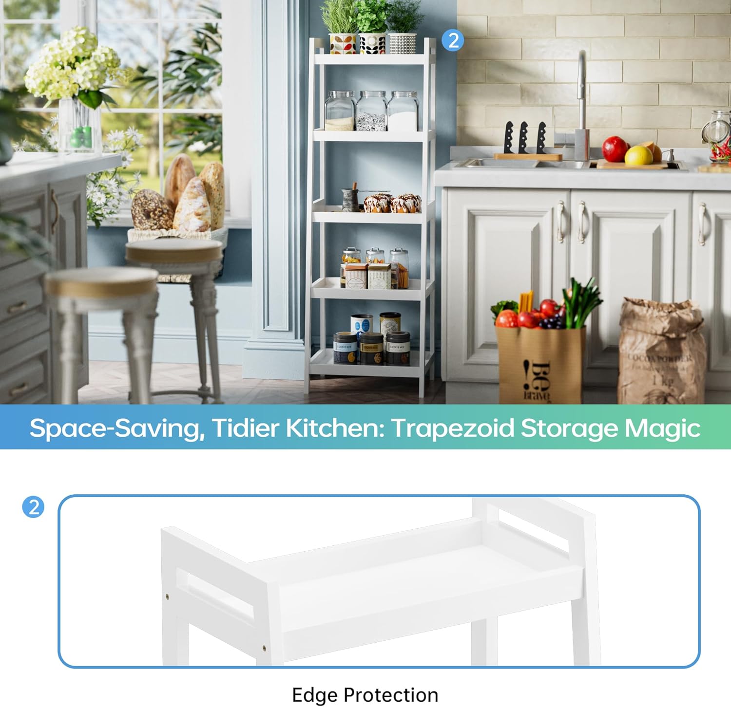 Bamboo Ladder Bookcase 5-Tier Freestanding Shelf, Bathroom Storage Rack & Plant Display Stand, Space Saver Organizer for Bedroom Kitchen Balcony, White, 50" H