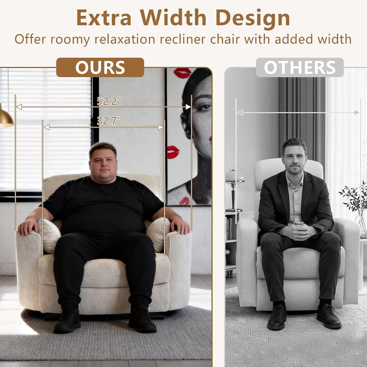 450lbs Oversized Power Recliner Chair for Big and Tall Adults, 52" Extra Wide Electric Recliner with USB & Type-C Ports, Chenille Fabric Single Sofa Chair for Living Room & Bedroom (Beige)