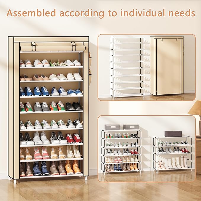 Laiensia 9-Tier Shoe Rack ，Space Saving Shoe Storage Organizer Non-Woven Cover Shoe Shelf Holds 36-45 Pairs for Bedroom, Hallway, Entryway, Beige