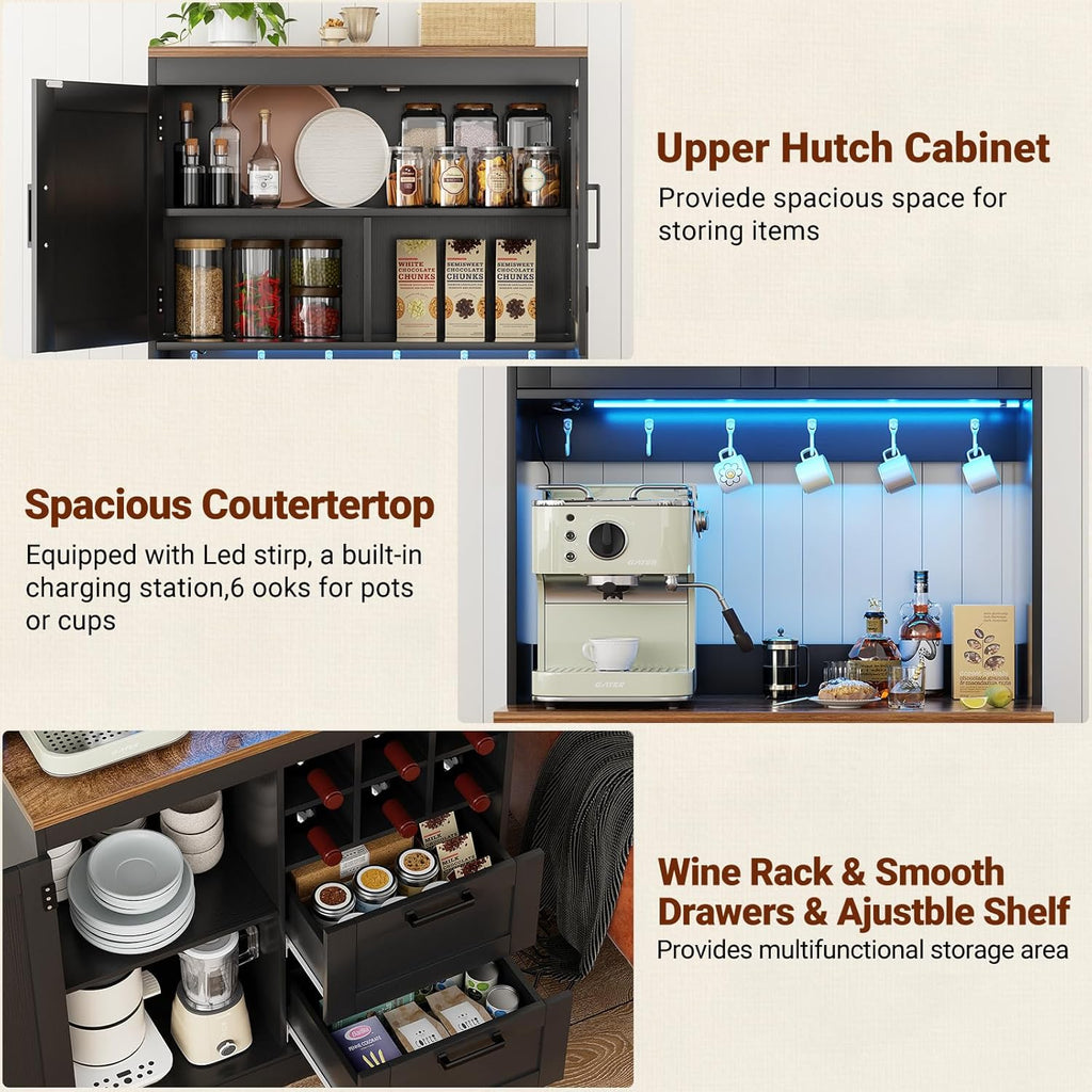 Unikito 72" Tall Kitchen Pantry Cabinet with LED Light & Power Outlet | Black and Rustic, Coffee Bar Hutch with Microwave Stand, Wine Rack, Drawers, Storage Shelves Cupboard for Dining Room