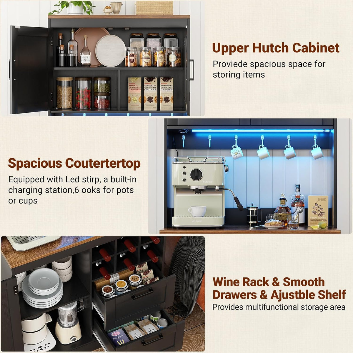 Unikito 72" Tall Kitchen Pantry Cabinet with LED Light & Power Outlet | Black and Rustic, Coffee Bar Hutch with Microwave Stand, Wine Rack, Drawers, Storage Shelves Cupboard for Dining Room