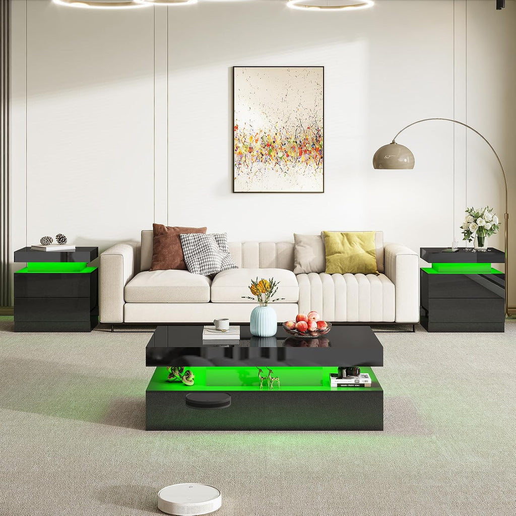 AMERLIFE High Gloss 3 Pieces Living Room Table Set, Modern LED Coffee Table Sets of 3, 2-Tier Center Table with 2 End Side Tables, LED Lights Bedside Table Nightstands with Charging Station, Black