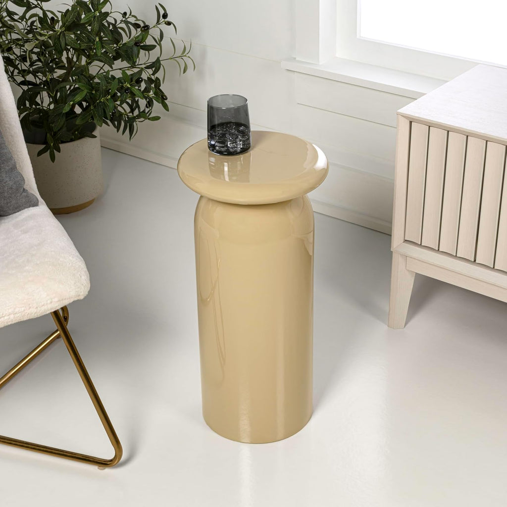 JONATHAN Y Miles Modern 22.75" Glossy Almond Metal Round Drink Table with Cylinder Mushroom Pedestal, Small Accent Side Table for Living Room and Bedroom, Minimalist Martini Cocktail Table END1008C