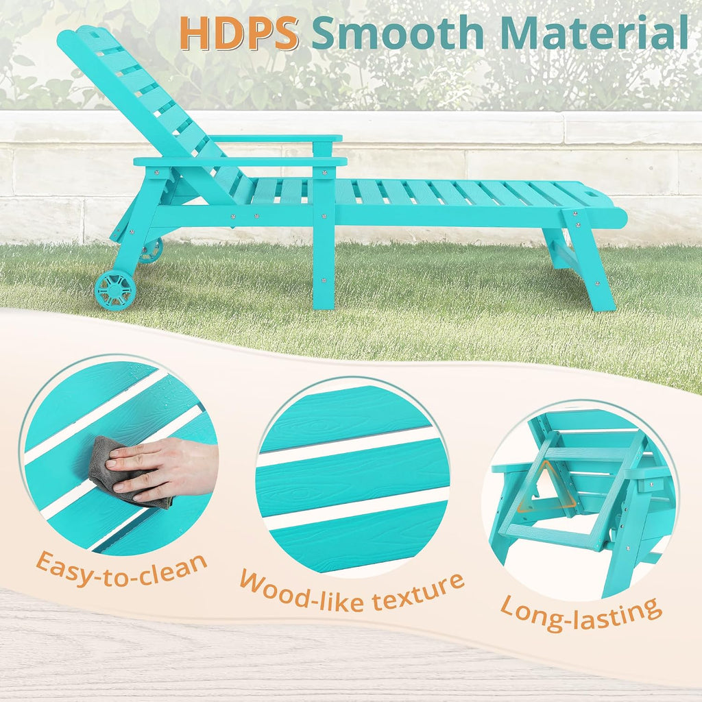 LUE BONA Lounge Chair Outdoor Set of 2, HDPS Chaise Lounge Outdoor with Wheels, 5 Positions Adjustable Pool Lounger Chairs for Outside, Patio, Aruba Blue