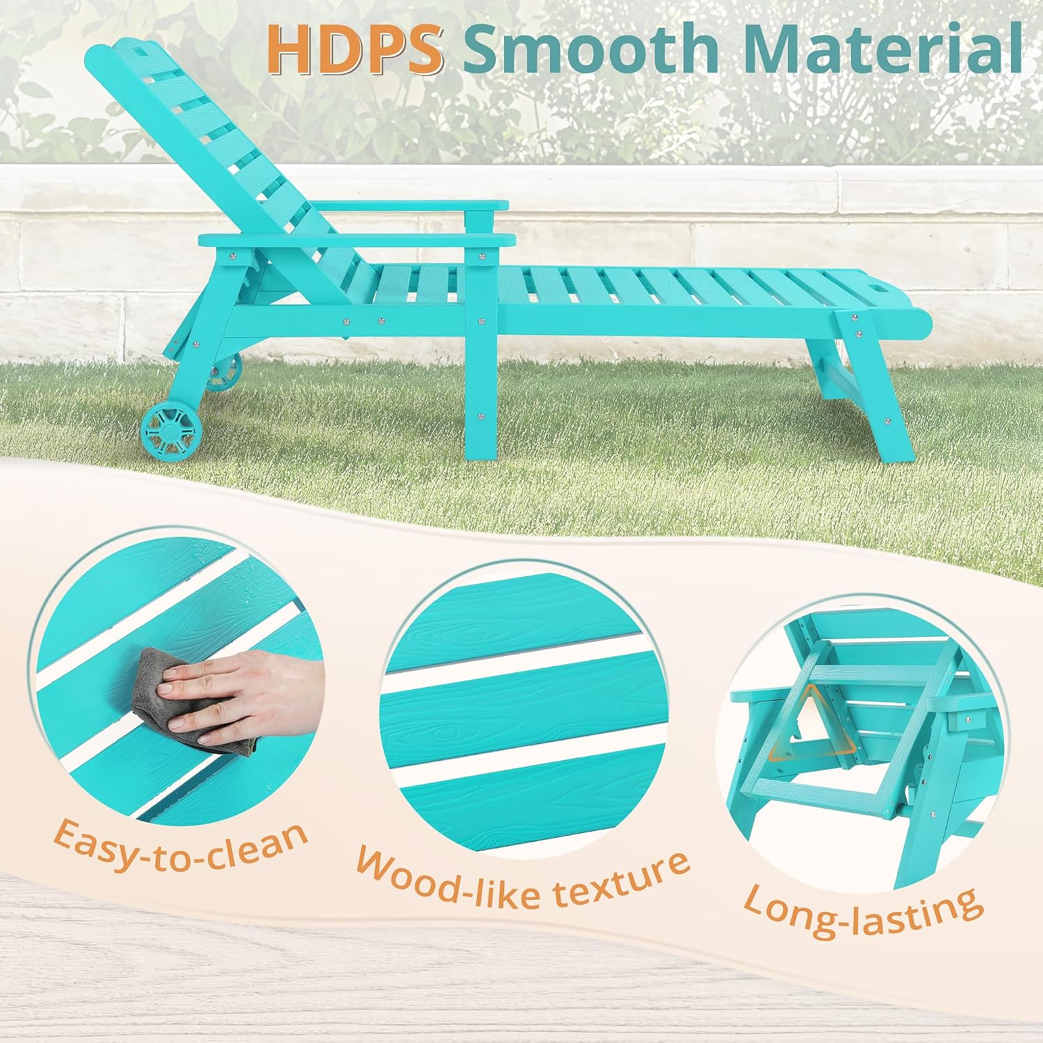 LUE BONA Lounge Chair Outdoor Set of 2, HDPS Chaise Lounge Outdoor with Wheels, 5 Positions Adjustable Pool Lounger Chairs for Outside, Patio, Aruba Blue