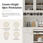 35” Wide Kitchen Hutch with Countertop, Farmhouse Pantry Cabinet with Microwave Shelf | Glass Doors | Wine Rack | Bottle Trays | Drawer, Wooden Structure (White)