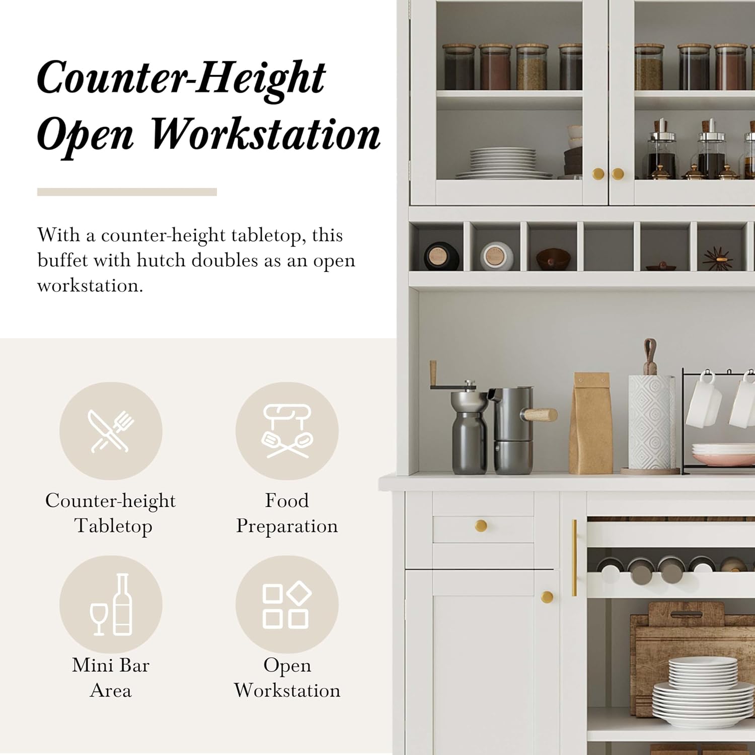 35” Wide Kitchen Hutch with Countertop, Farmhouse Pantry Cabinet with Microwave Shelf | Glass Doors | Wine Rack | Bottle Trays | Drawer, Wooden Structure (White)