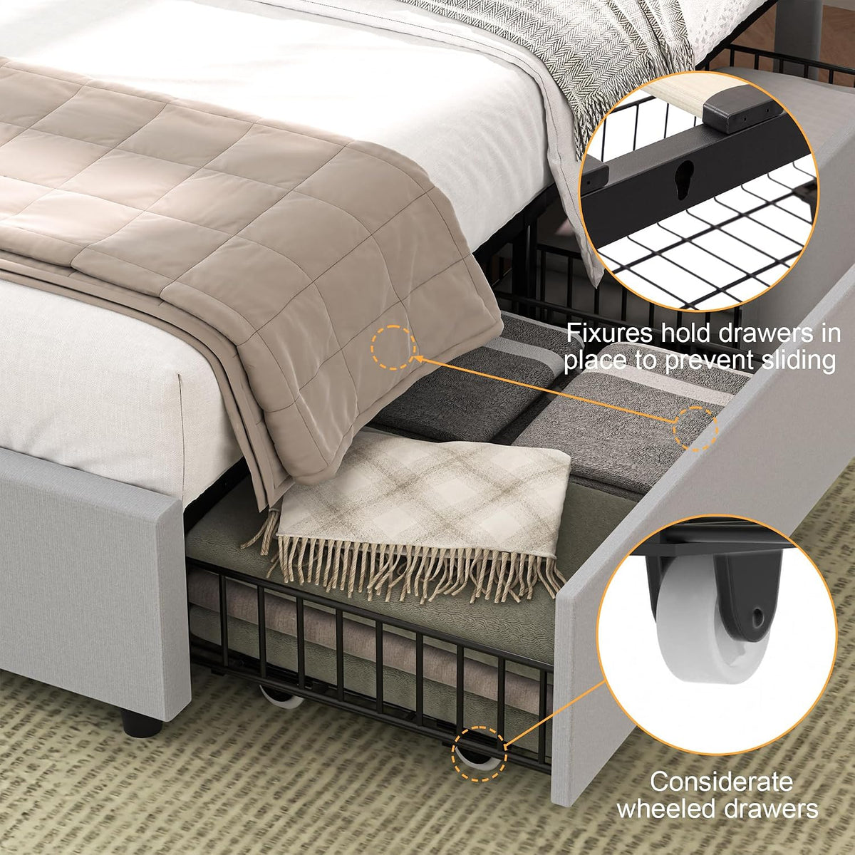 VECELO Queen Size Bed Frame with 4 Storage Drawers & Adjustable Headboard, Built-in Charging Station, Upholstered Bedframe with Wood Slats Support, Light Gray