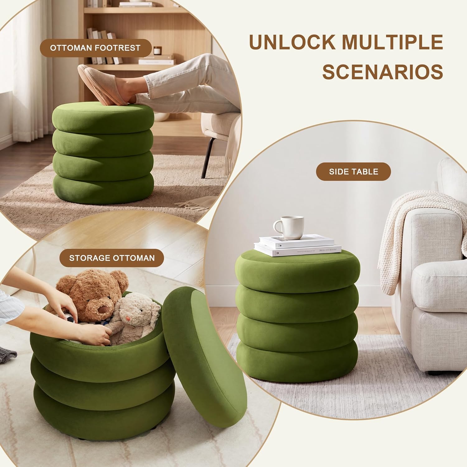 Velvet Storage Ottoman Set of 2, Compact Round Tufted Pair with Removable Lids for Lounge, Dorm and Entryway, Olive Green