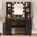 HUANLEGO Vanity Desk with Mirror and Lights, Makeup Vanity with Mirror and LED Lights & Power Outlet, 3 Drawers and Cabinets, 3 Lighting Modes Dressing Table Set for Girls Women Bedroom,Black